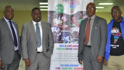 (L-r): Olu Familusi, head, Business Operations, West Africa at SAP; Femi Odubiyi, commissioner, Lagos State Ministry of Science and Technology; ‎Permanent Secretary, Lagos State Ministry of Science and Technology‎ and Olajide Ademola Ajayi, Nigeria’s Coordinator of Africa Code Week, at Africa Code Week 2016 held at Lagos State Digital Village, Alausa, recently.